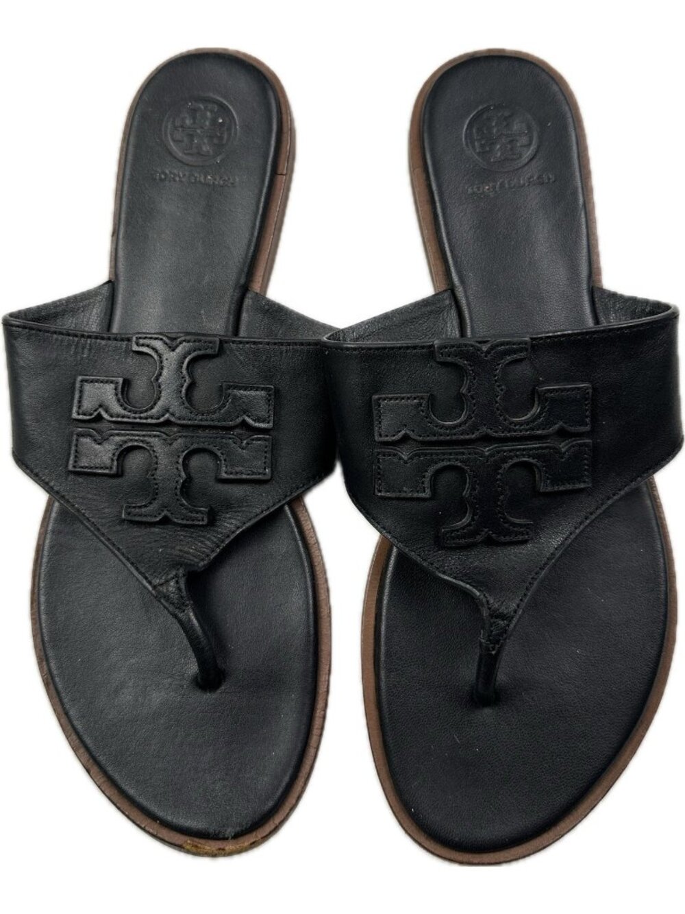 Tory Burch Weston Full Logo Calf Leather Thong Sandals Size 8.5 M